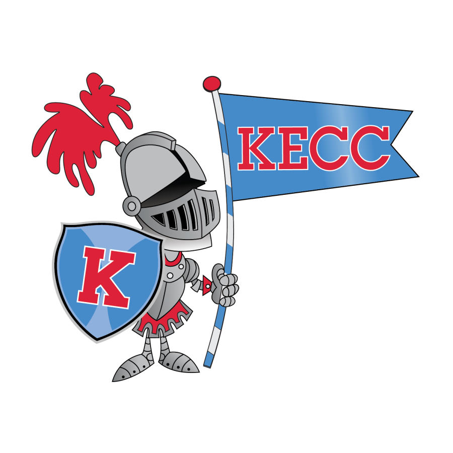 Kings Early Childhood Center logo has a baby Knight holding a flag with the letters KECC